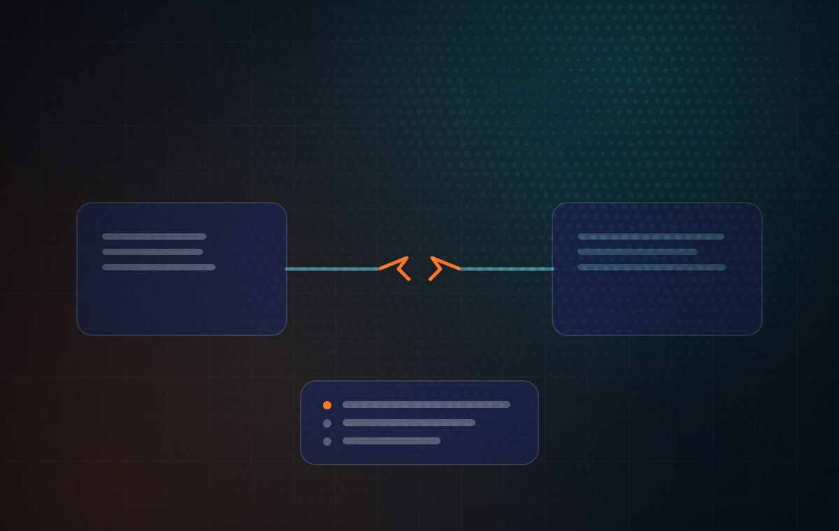 Diagram: a broken connection between two systems, and the readout used to diagnose it