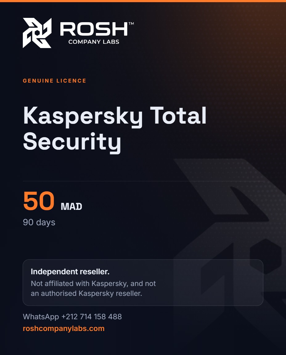 Kaspersky Total Security — 50 MAD · 90 Days — ROSH™ Company Labs