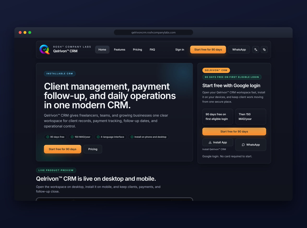 لوحة تحكّم Qelrivon™ CRM — الطلبات وشجرة العملاء وقائمة المعالجة ومركز القيادة