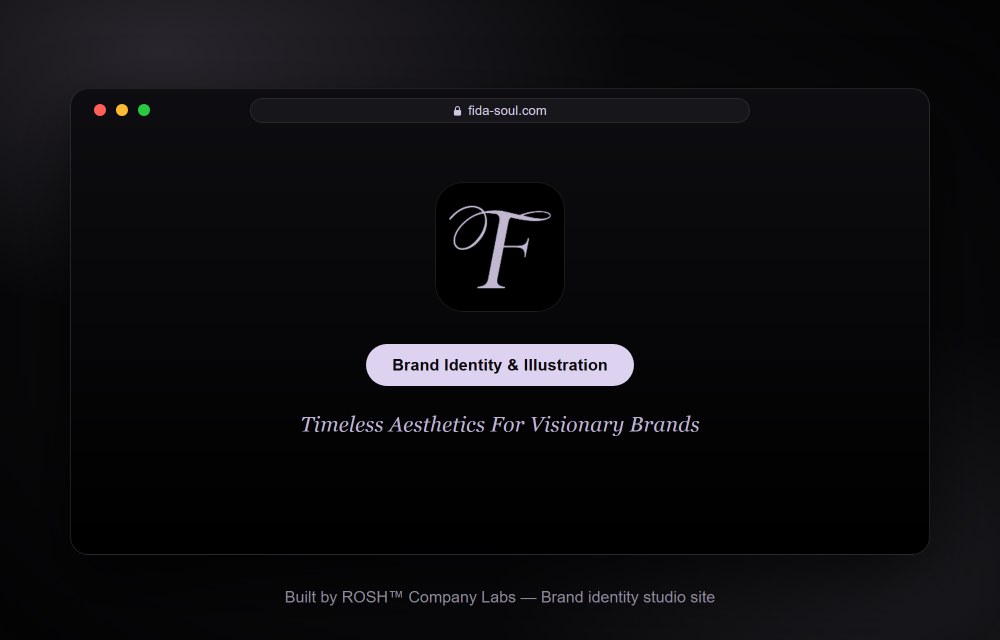Fida brand identity and illustration studio website — a black layout with a lavender accent, built by ROSH™ Company Labs